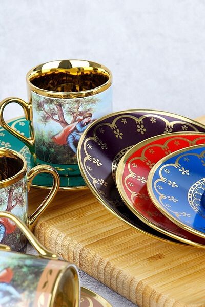 ACAR Colorful Gold 6-Person Porcelain Coffee Cup Set with Baroque Figures 0108