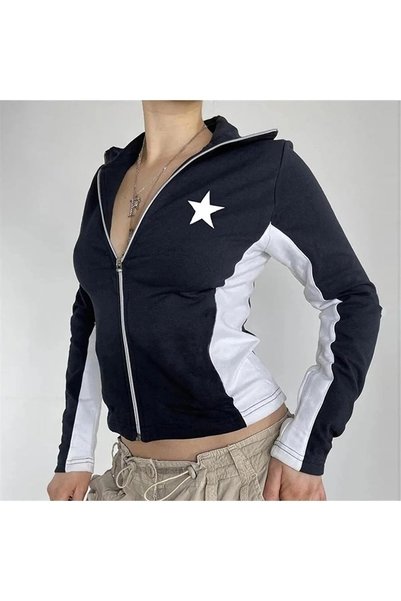 Gofeel Top scurt negru vintage cu imprimeu „Star” și cu fermoar