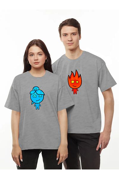 Pear Wear - Tricou pentru cuplu cu imprimeu foc și apă Tricou negru oversize pentru iubit