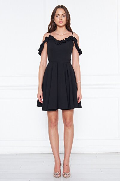 NO48 Rochie de seară mini evazată plisată din țesătură țesătură cu detaliu cu volane