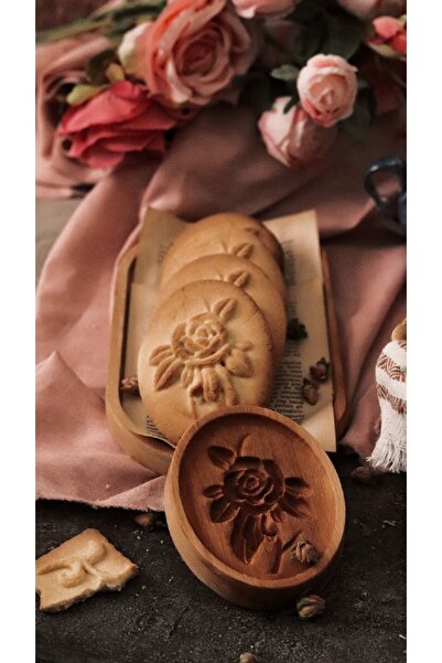 wood and craft Gül Desenli Kurabiye Hamuru Kalıbı Masif Ahşap