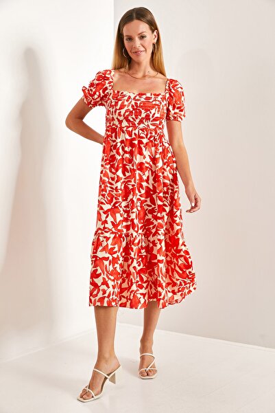 Bianco Lucci Women's Square Collar Glitter Multi Patterned Flared Dress