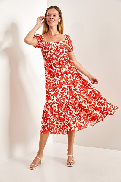 Bianco Lucci Women's Square Collar Glitter Multi Patterned Flared Dress