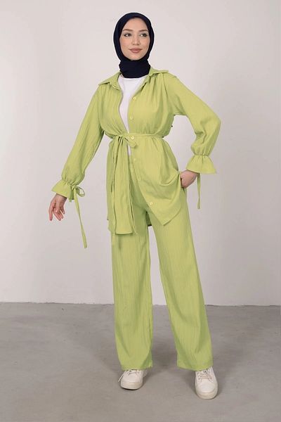 Swana Grass Green Patterned Wrinkled Fabric - Lace-Up Cuff Hijab Set