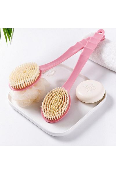 ERA SABUN Bath Shower Body Brush and Washcloth Double Sided Soft Long Handle Back Scrub Massage Brush Pink