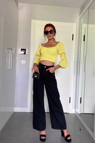 DRC trend Dosse Solmaz Чорні джинси з високою талією та лікрами, фасон палаццо