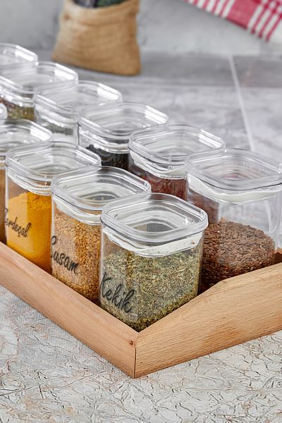 FBZhome Luxury Mica Spice Bowl Set with Wooden Stand - 12 Pieces with Leak Proof Lid (6 x 200 Ml - 6 x 250 Ml)