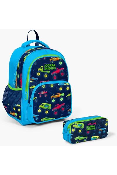 Coral High Kids Blue Navy Blue Monster Truck Patterned 2-Piece School Bag Set SET0223406