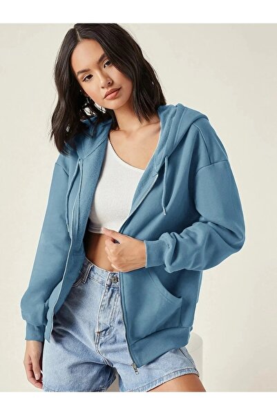 Keywest Büyük Beden Baskısız 3 İplik Fermuarlı Polar Hırka / Ceket