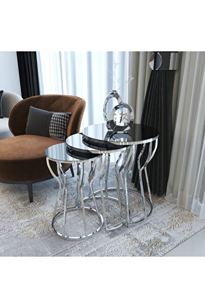 Puklife C Kum Saati 3'lü Zigon Sehpa Takımı Gümüş Ayak - Füme Ayna