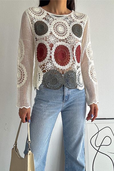 FEMELLE Women's White Crochet Standard Size Lace Blouse
