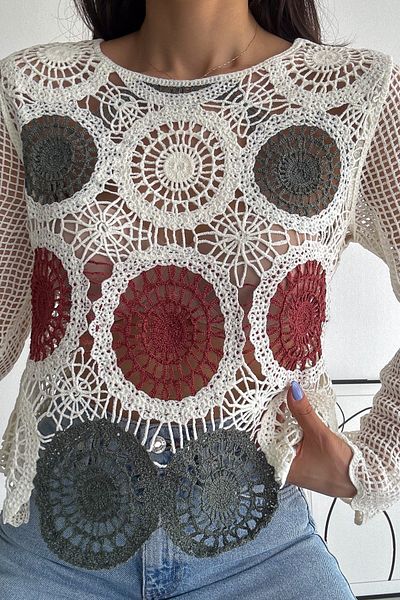 FEMELLE Women's White Crochet Standard Size Lace Blouse