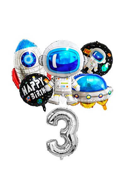 PARTİAVM Astronaut Rocket Spaceship UFO Themed Silver Number Balloon Set