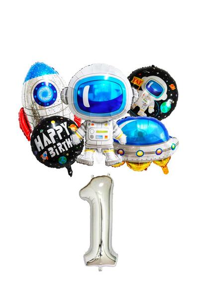 PARTİAVM Astronaut Rocket Spaceship UFO Themed Silver Number Balloon Set