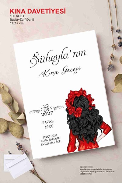Hsn Kına Davetiyesi Baskılı 100 Adet Zarflı