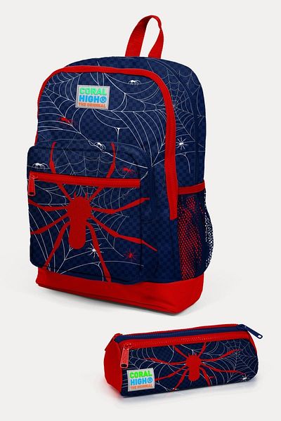 Coral High Kids Navy Blue Red Spider Patterned 2-Piece School Bag Set SET0223720