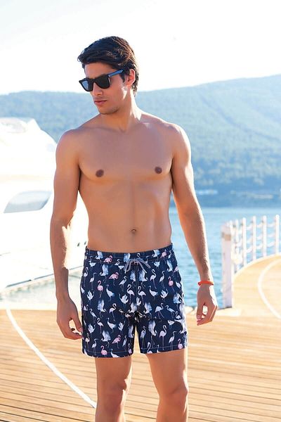 Deafox Marineblaue Badeshorts mit Flamingo-Muster