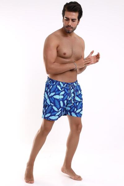 Deafox Navy Blue Leaf Patterned Digital Print Men's Swim Shorts