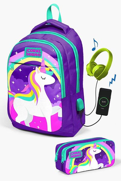 Coral High Set de 2 genți de școală USB cu model unicorn violet verde - SET 0223415