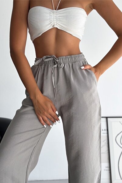FEMELLE Dámské šedé kalhoty New Season s dvojitou kapsou se stahovací šňůrkou v pase z modalové tkaniny se širokými nohavicemi