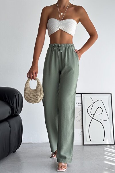 FEMELLE Women's Khaki New Season Double Pocket Drawstring Waist Modal Fabric Wide Leg Trousers