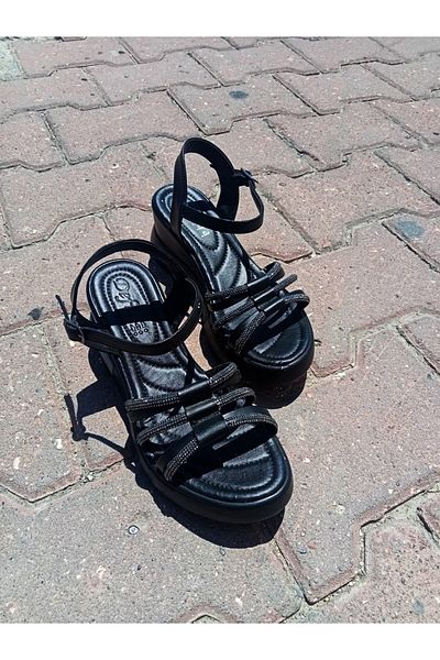 VİZYON Vizyon Women's Black New Season Stone Glitter Platform Sole Sandals
