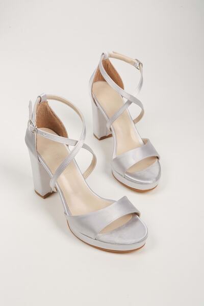 Shoeberry Women's Dia Silver Satin Platform Heeled Shoes