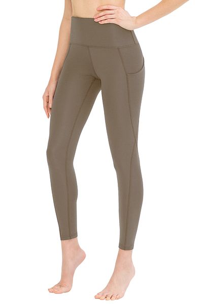 Los Ojos Women's Dark Khaki High Waist Double Pocket Compacting Sports Leggings