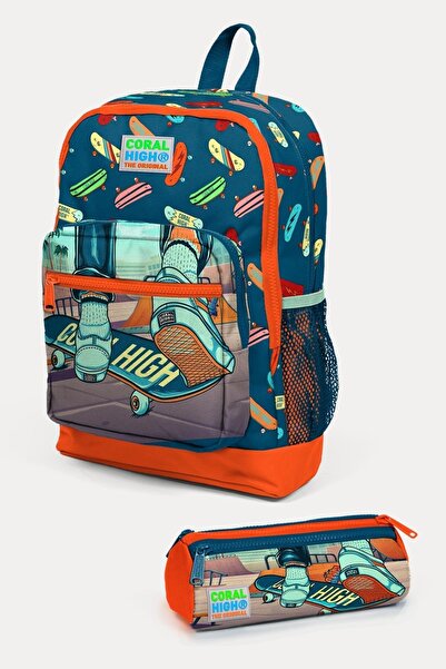 Coral High Civit Neon Turuncu Kaykay Desenli 2'li Okul Çanta Seti SET0223723