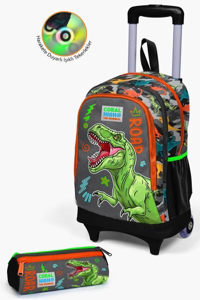 Coral High Kids Black Gray Dinosaur Patterned 2-Piece Bag Set with Squeegee S...