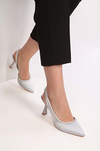 Shoeberry Dámské boty Rowen Silver Satin Stone na podpatku Stiletto