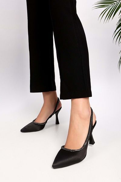 Shoeberry Dámské boty Rowen Black Satin Stone na podpatku Stiletto