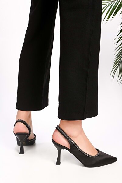 Shoeberry Dámské boty Rowen Black Satin Stone na podpatku Stiletto