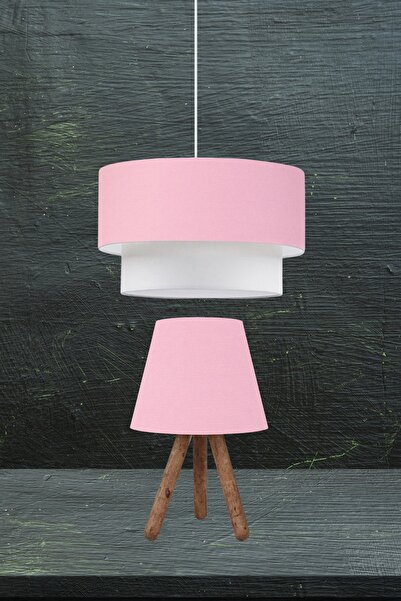 Art&Gift Pasta Sarkıt Avize Ve Tripod Ahşap Ayaklı Abajur Ikili Takım Pembe