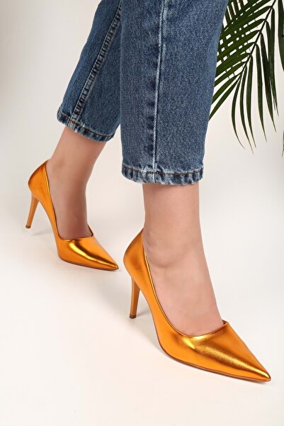 Shoeberry Women's Lyvia Orange Metallic Heeled Shoes Stiletto