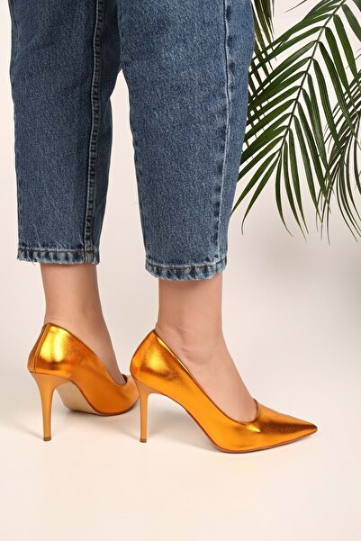 Shoeberry Women's Lyvia Orange Metallic Heeled Shoes Stiletto
