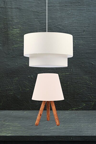 Genel Markalar Pasta Sarkıt Avize Ve Tripod Ahşap Ayaklı Abajur Ikili Takım Krem