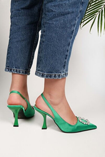 Shoeberry Dámské boty Sophia Green Satin Stone na podpatku jehlové