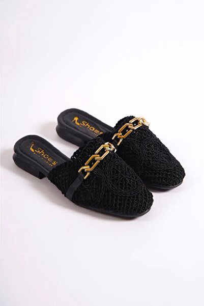 BAKGİY Μαύρες δαντέλες γυναικείες κλειστές παντόφλες με δαντέλα με αγκράφα BG...