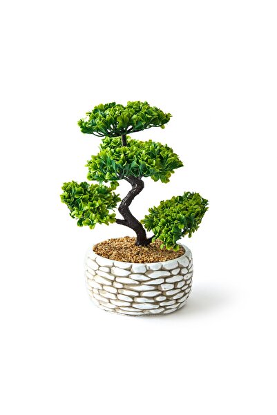 objevi Floare Artificială Bonsai Meri în Ghiveci Decorativ - Alb / Verde - 20x20x36 cm