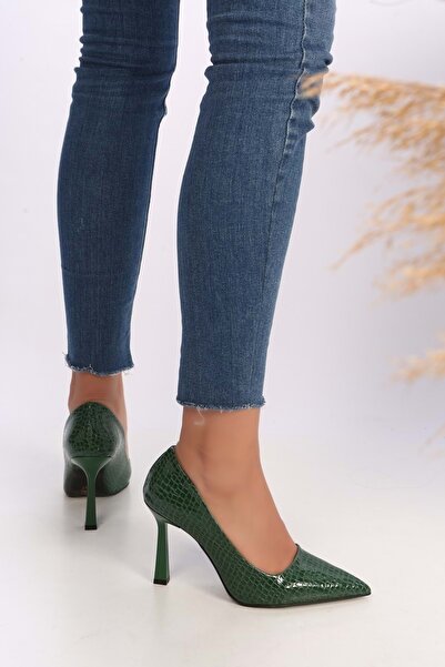 Shoeberry Women's Plexi Green Crocodile Patent Leather Heeled Shoes Stiletto