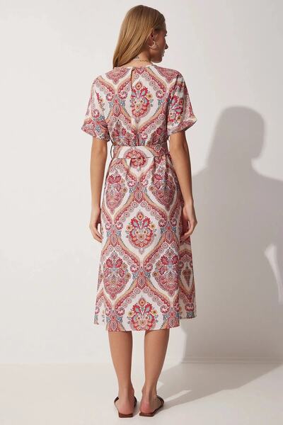 hazelin Women's Red Ecru Patterned Belted Viscose Dress HZL23S-BD125881