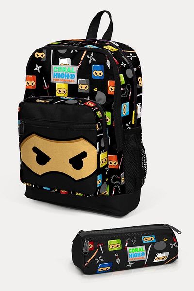Coral High Kids Black Ninja Patterned 2-Piece School Bag Set SET0223473