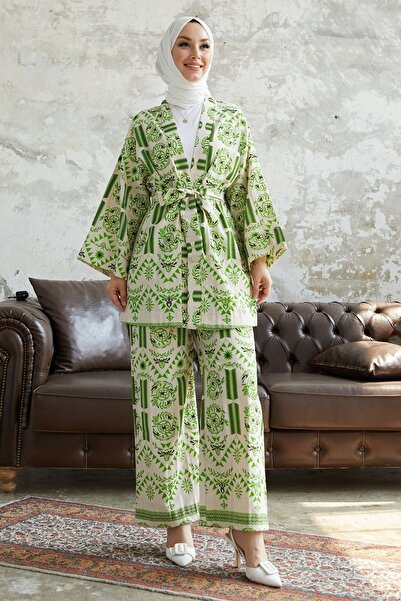 InStyle Zestaw kimon z paskiem i wzorzystym wzorem Ervis - zielony
