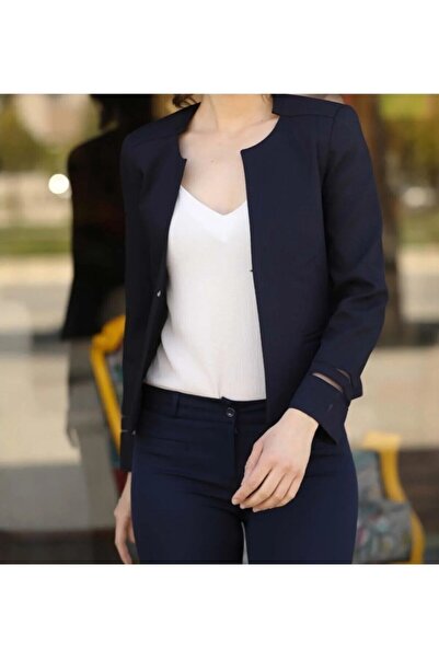 ZARAZA Kolları Tül Detaylı Kısa Blazer Ceket Lacivert 38