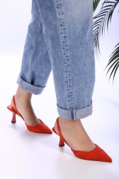 Shoeberry Women's Gizzy Orange Suede Heeled Shoes