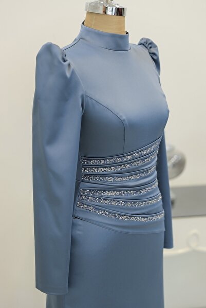 Rana Zenn Saten Drapeli Taş Detaylı Hira Abiye Buz Mavisi