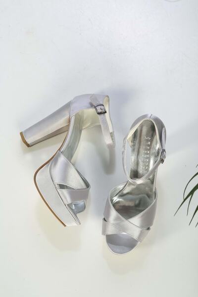 Shoeberry Women's Pi Tolla Silver Satin Platform Heeled Shoes