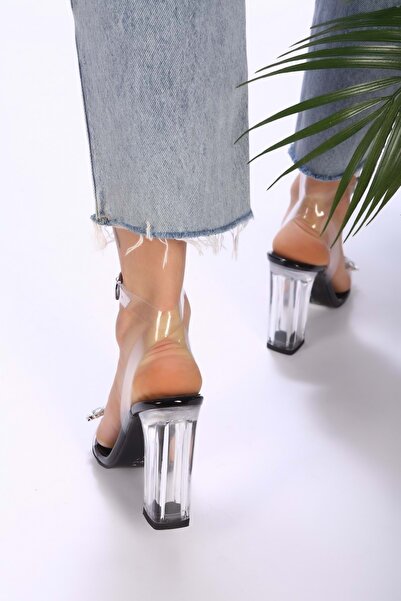 Shoeberry Women's Vinto Black Transparent Stone Heeled Shoes