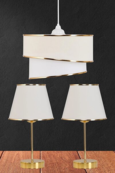 Art&Gift Barok Tarasım Şeritli Krem Sarkıt Avize ve Star Gold Ayaklı Abajur S...